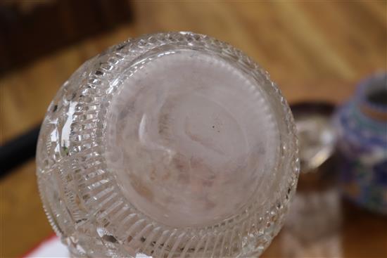 A set of five Stourbridge cut glass wine glasses and a pair of decanters, one lacking a stopper (3)